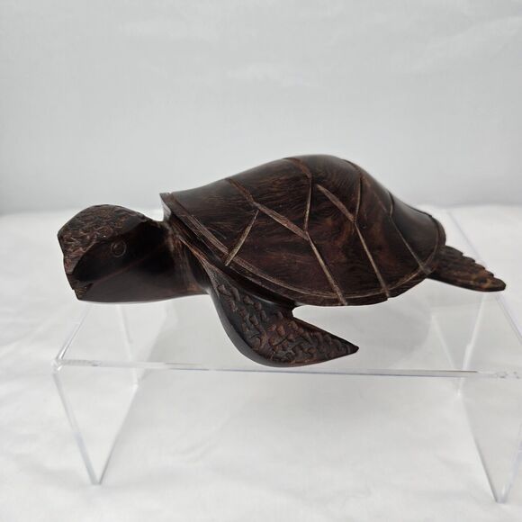 Turtle Figure Wood Hand Carved Beautiful Details Dark Brown Solid 8" x 5.75" - Picture 1 of 12